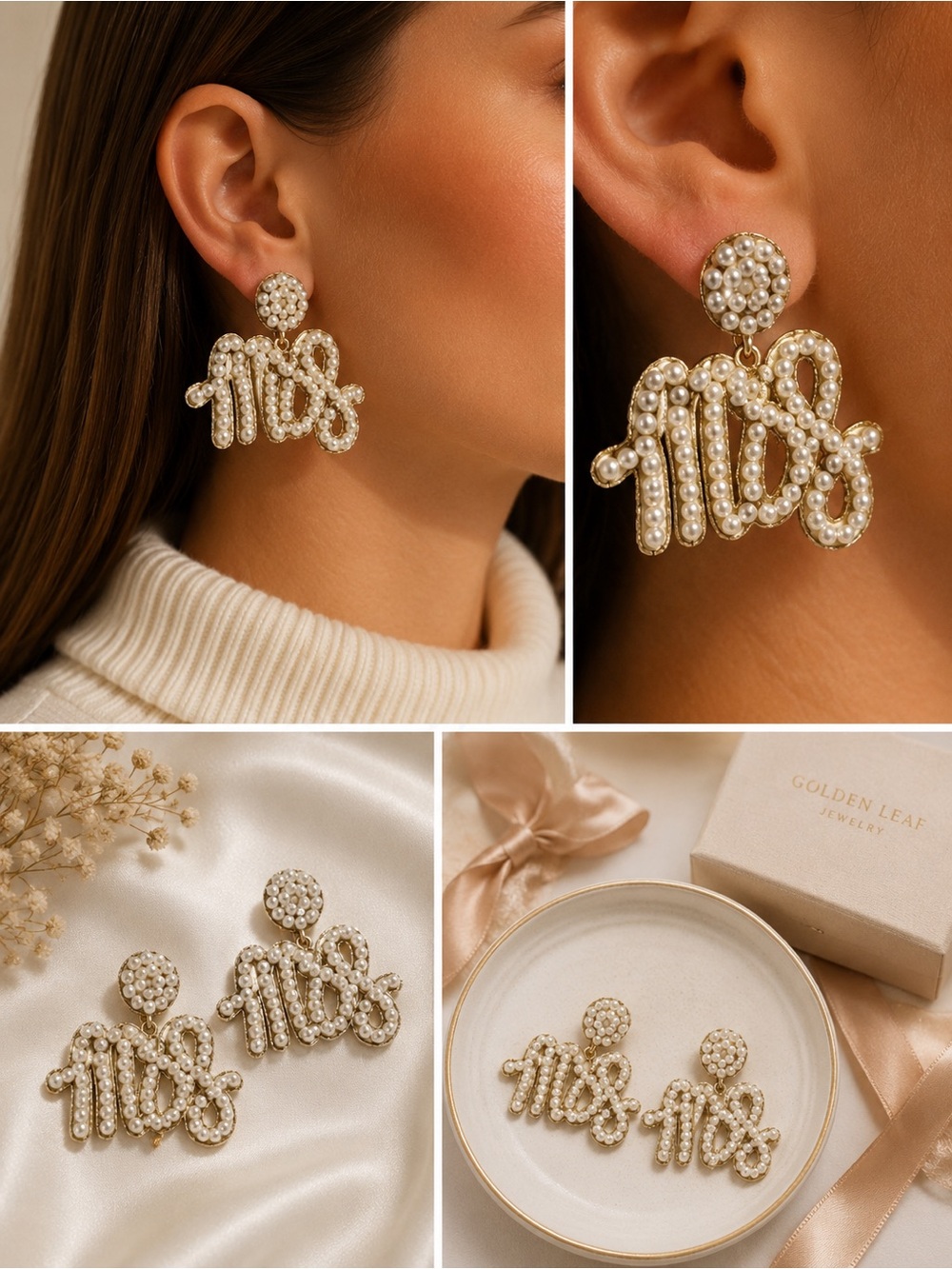 Mrs Beaded White Pearl Stud Earrings Bridal Wedding Gift